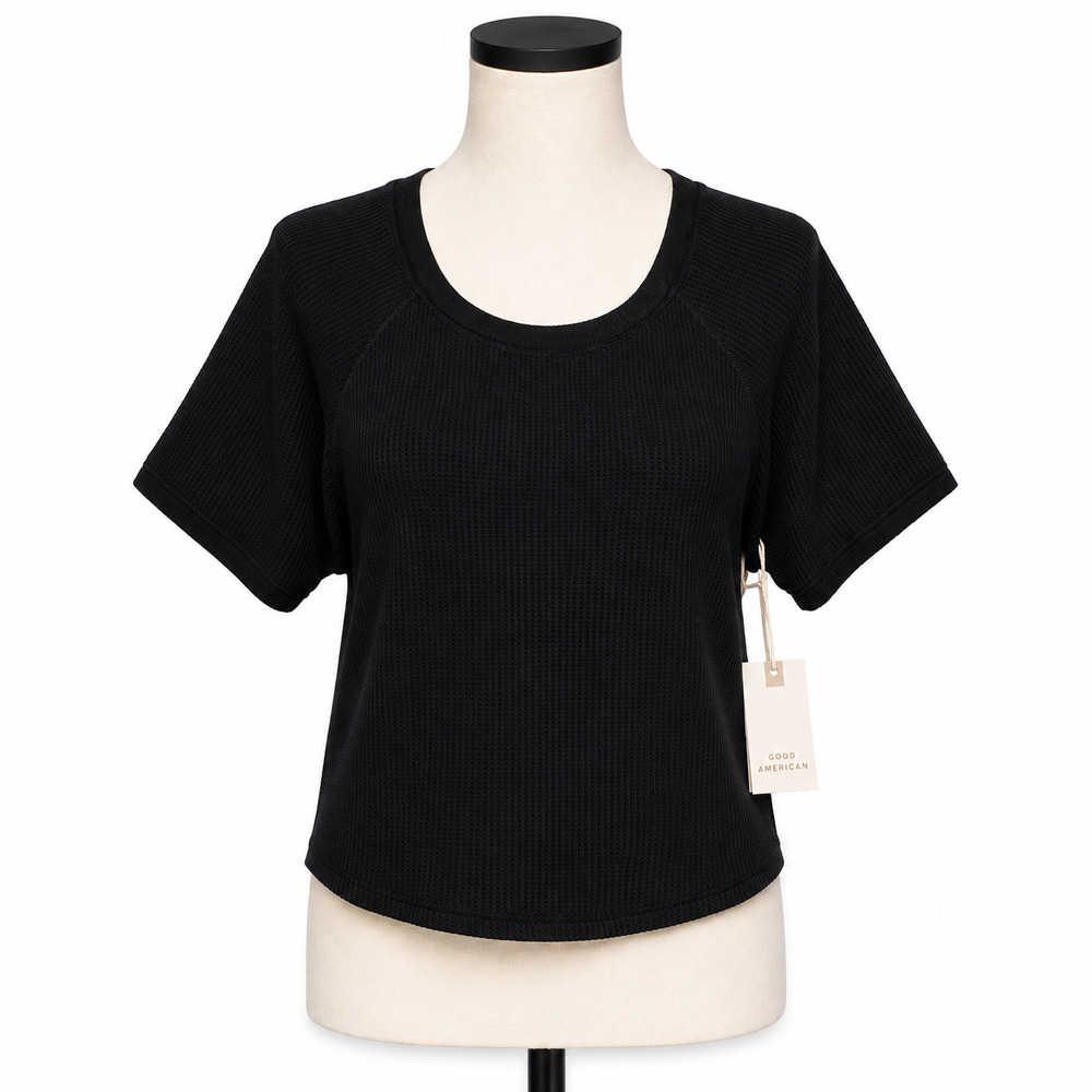 Good American Top Womens Size 4 Black Waffle Knit Crew Neck Minimalist NWT